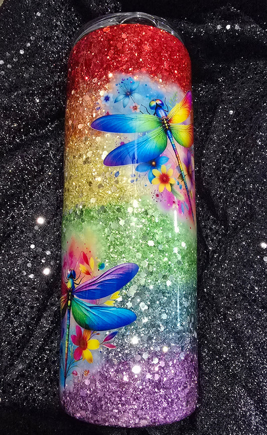 20oz Gradient stainless-steel tumbler with colorful dragonflies and flowers 